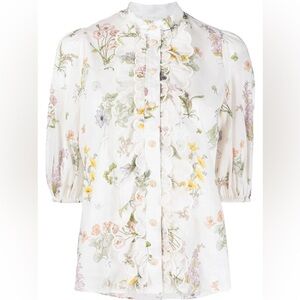 ZIMMERMANN Jeannie Ruffle Ivory multi colored floral-print short sleeve blouse